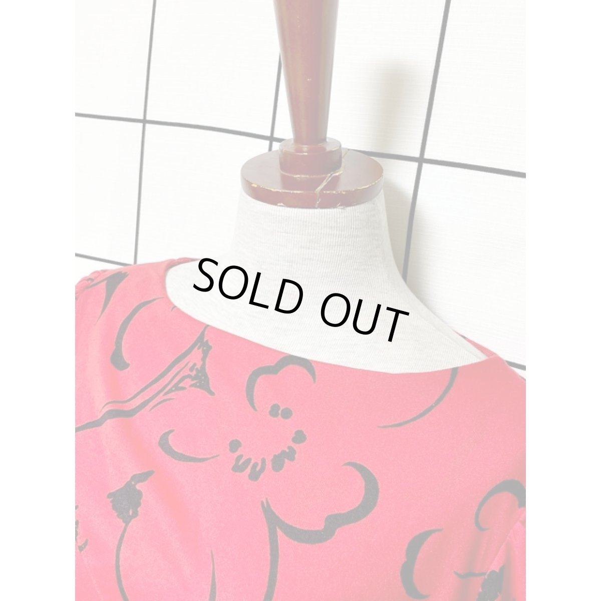 画像5: アート調 レッド ウエストゴム 長袖 レトロ アメリカ古着 ヴィンテージワンピース (5)