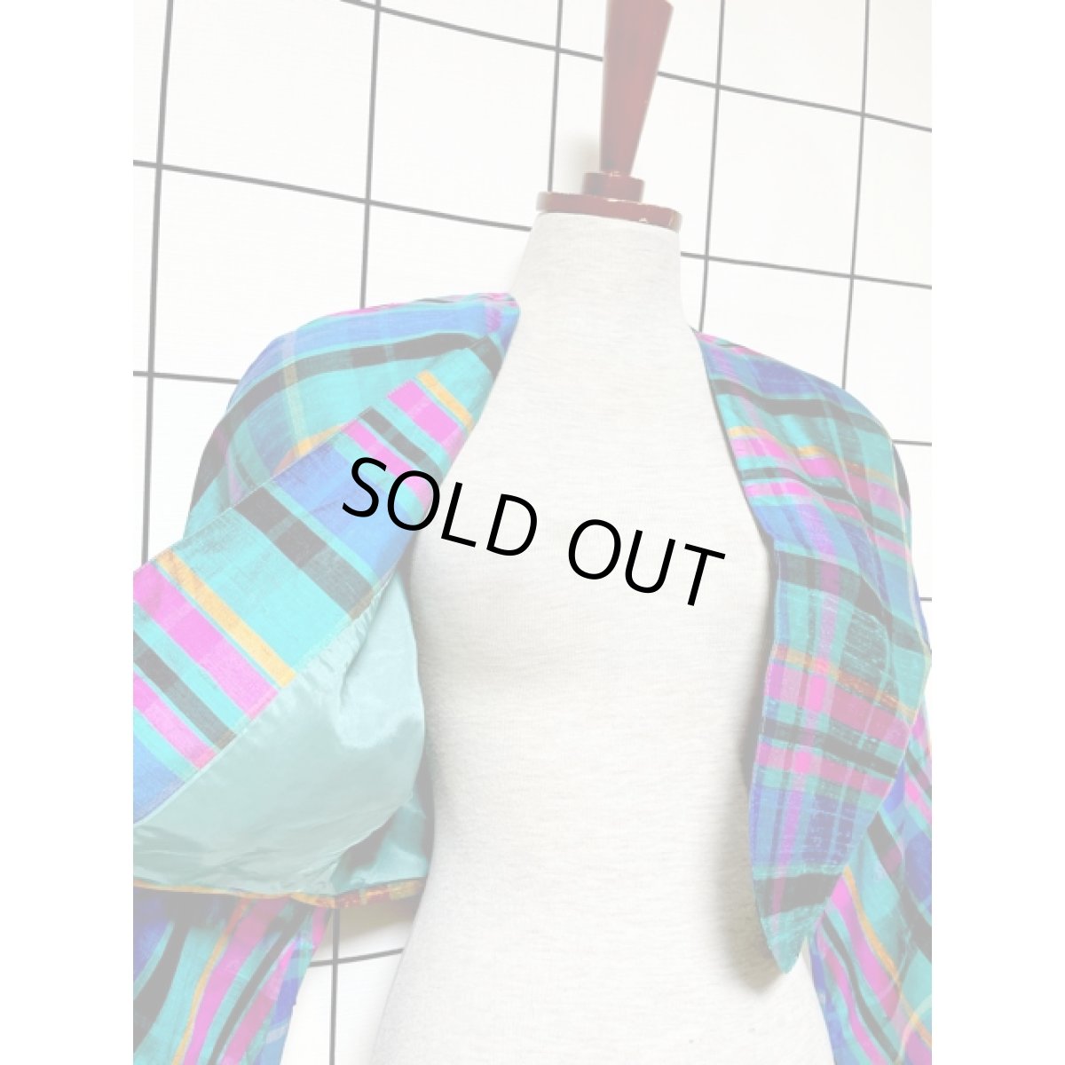 画像7: ショート丈 ノーカラー チェック柄 レトロ 古着 ヴィンテージジャケット (7)