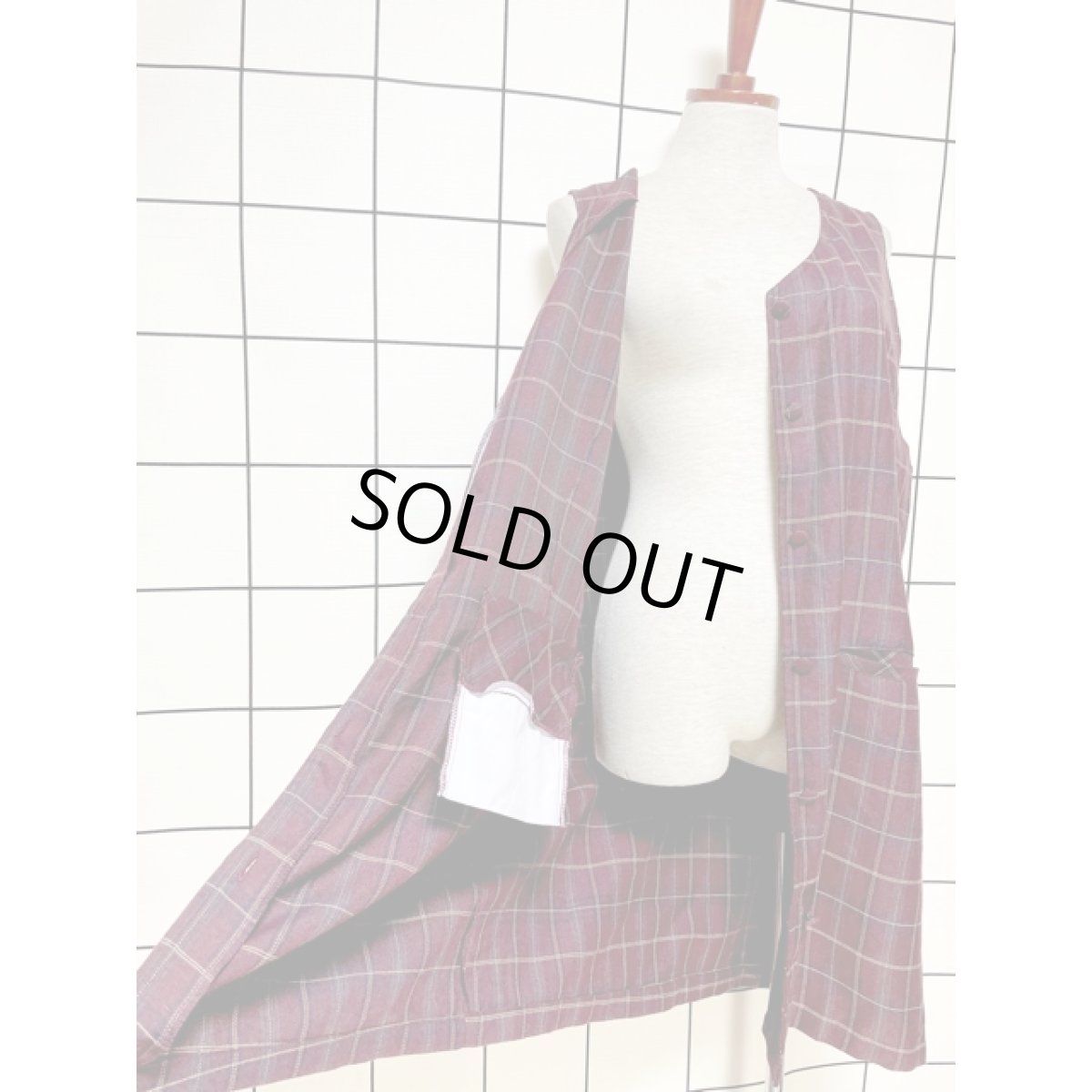 画像9: チェック柄 前開き レトロ アメリカ古着 ノースリーブ ヴィンテージワンピース (9)