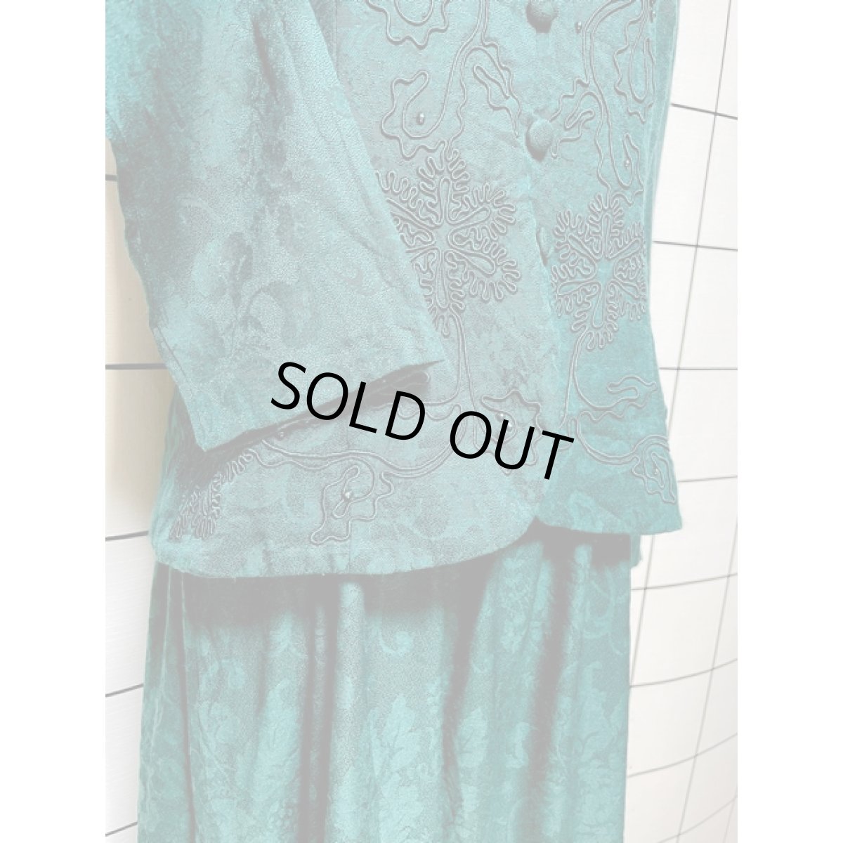 画像7: 刺繍 花織り レイヤード調 グリーンレトロ 長袖 アメリカ古着 ヴィンテージワンピース (7)