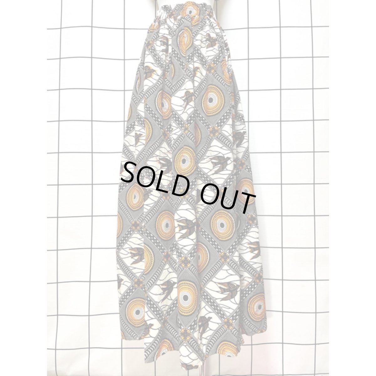 画像1: アフリカンバティック Africanbatik 鳥柄 ウエストゴム レトロ アメリカ古着 ヴィンテージロングスカート (1)