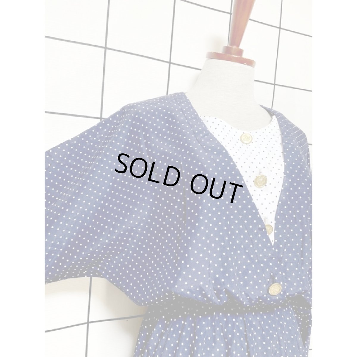 画像5: ドット ドルマンスリーブ UNIONMADE ホワイト ネイビー ウエストゴム レトロ アメリカ古着 ヴィンテージワンピース (5)