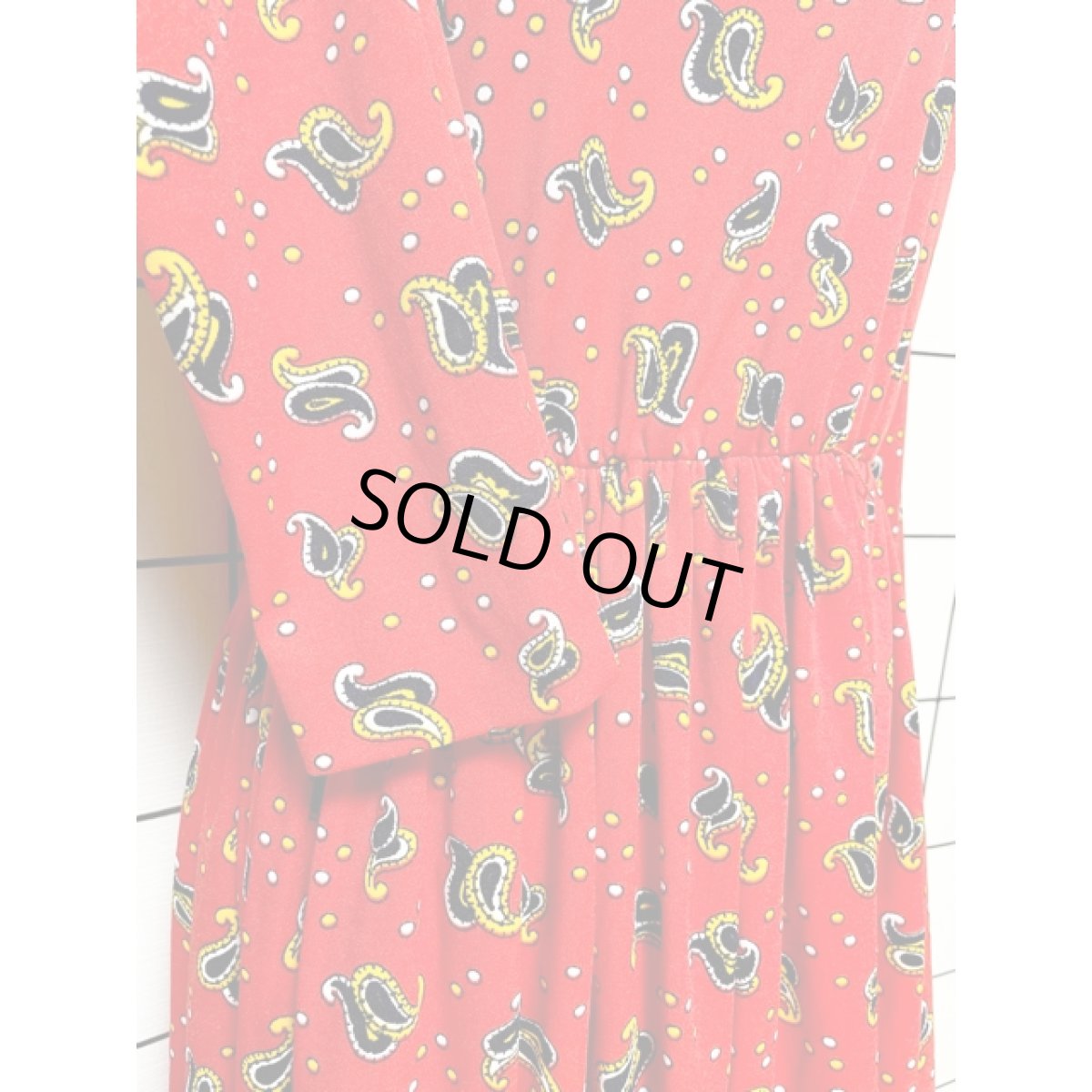 画像9: ドット ペイズリーモチーフ タートルネック レッド ウエストゴム レトロ 長袖 アメリカ古着 ヴィンテージワンピース (9)