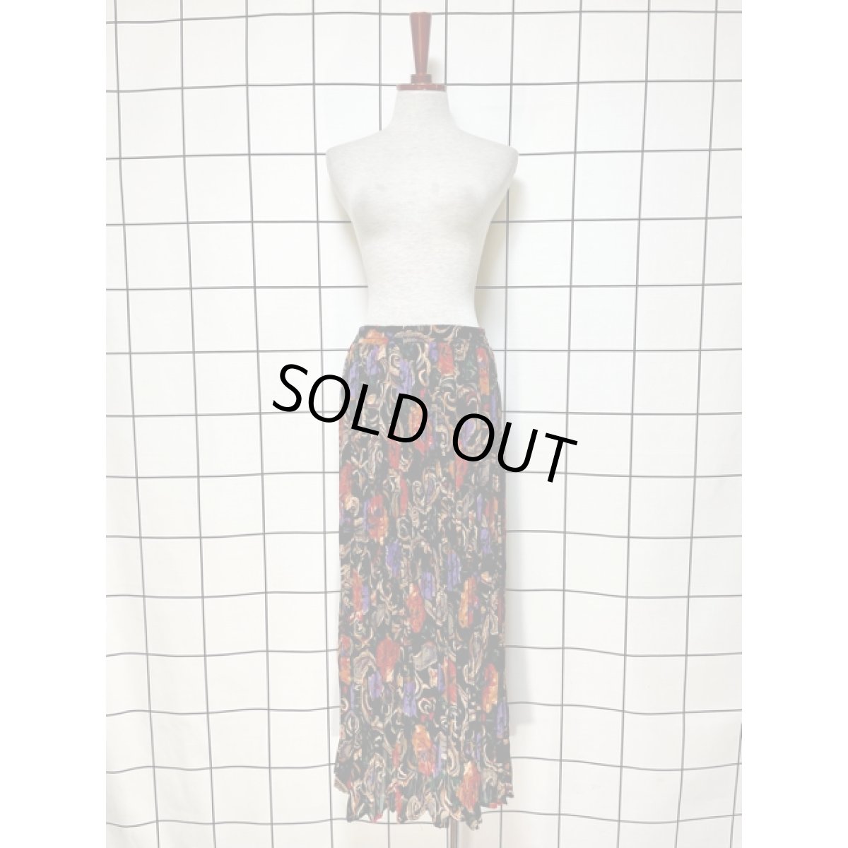 画像5: プリーツ 花柄 ブラック レトロ アメリカ古着 ヴィンテージロングスカート (5)