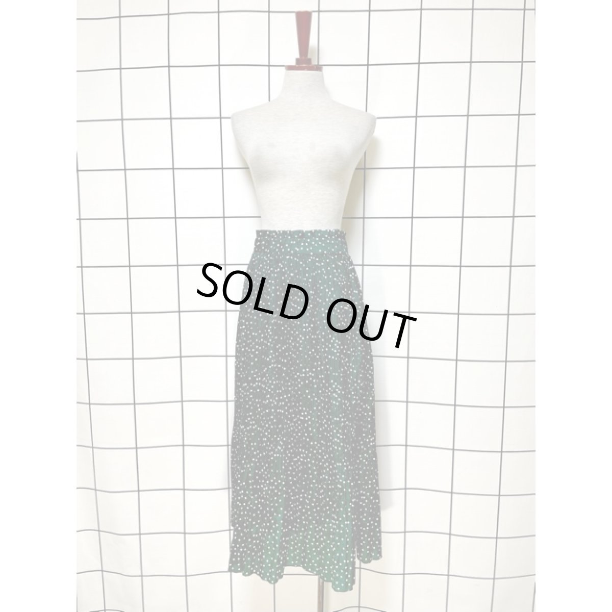 画像5: プリーツ ドット グリーン ウエストゴム レトロ アメリカ古着 ヴィンテージロングスカート (5)