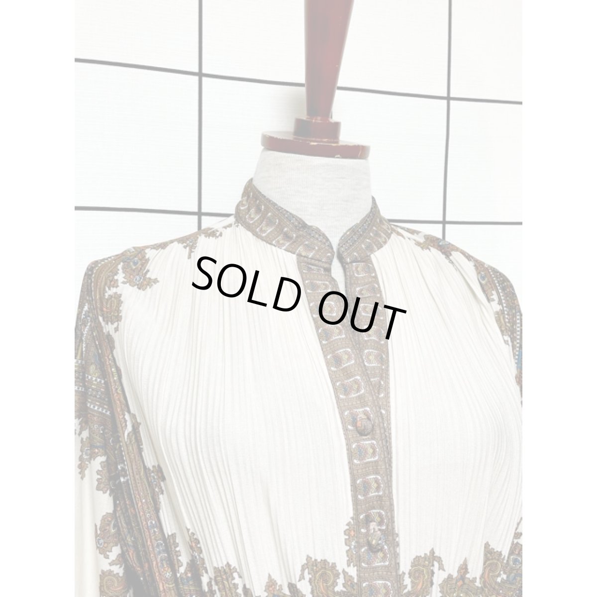 画像6: オリエンタル柄 プリーツ切り替え ウエストゴム レトロ 長袖 アメリカ古着 ヴィンテージワンピース  (6)