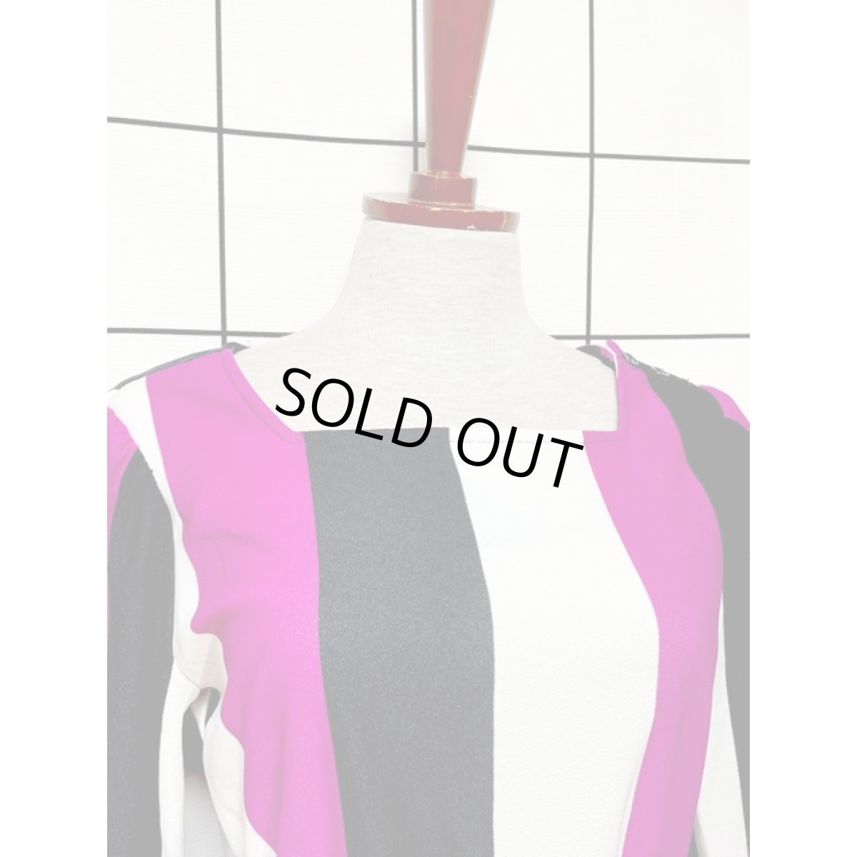 画像6: リボンベルト付 ストライプ ウエストゴム レトロ 長袖 アメリカ古着 ヴィンテージワンピース  (6)