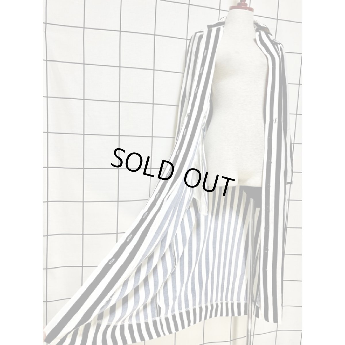 画像11: ストライプ 前開き ホワイト ネイビー レトロ 長袖 アメリカ古着 ヴィンテージワンピース (11)