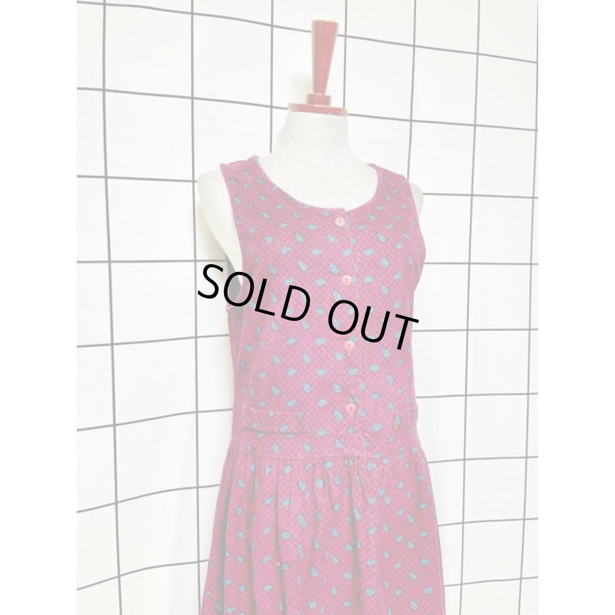 画像4: ペイズリーモチーフ コーデュロイ レトロ アメリカ古着 ノースリーブ ヴィンテージワンピース  (4)