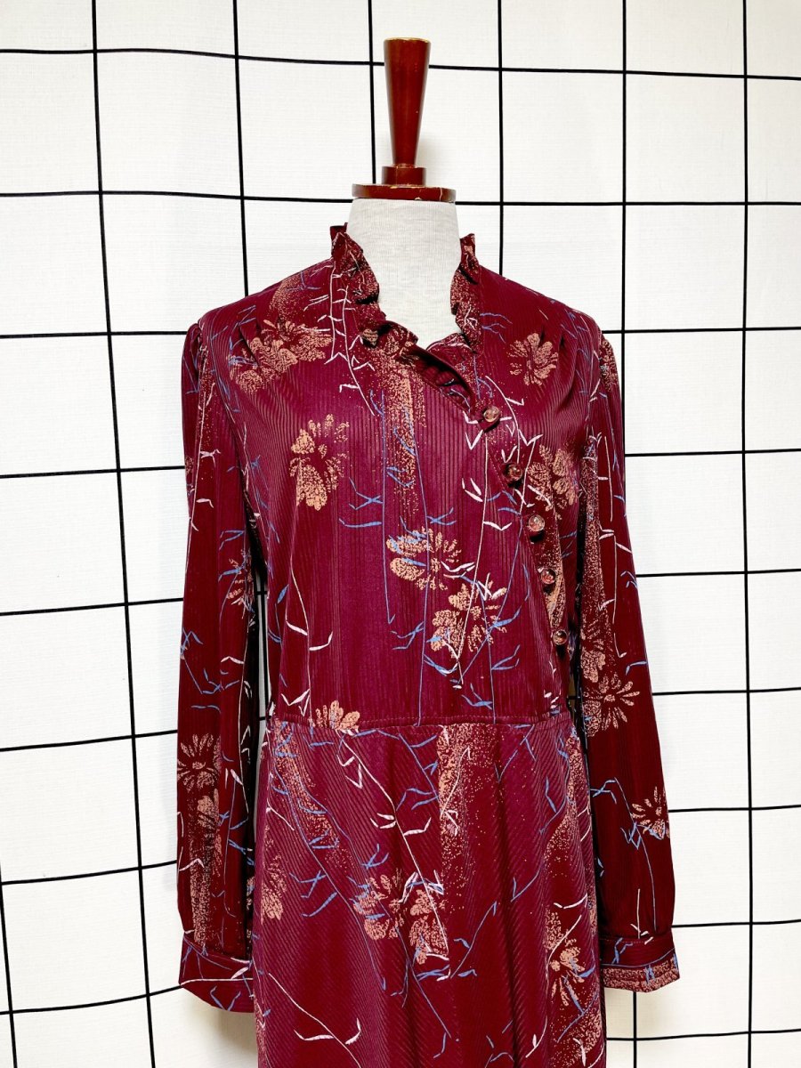 画像4: 首元フリル 花柄 ストライプ レトロ USA古着 ヴィンテージワンピース (4)