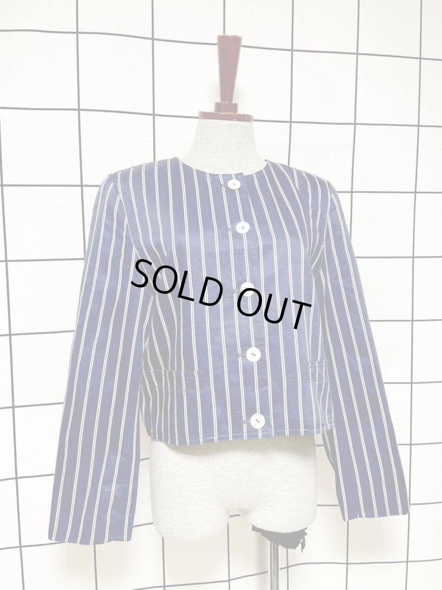 画像3: ストライプ ショート丈 ノーカラー ネイビー ホワイト レトロ アメリカ古着 ヴィンテージジャケット (3)