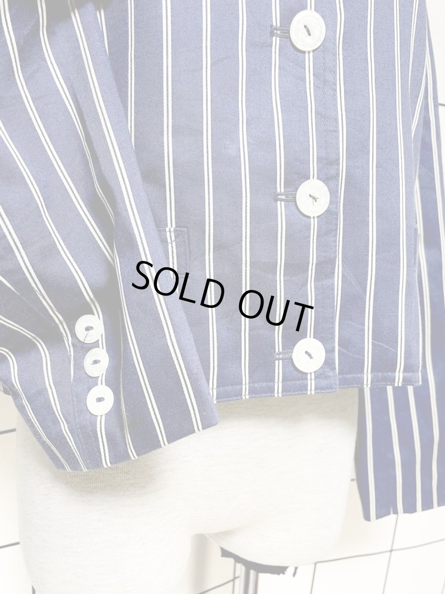 画像7: ストライプ ショート丈 ノーカラー ネイビー ホワイト レトロ アメリカ古着 ヴィンテージジャケット (7)