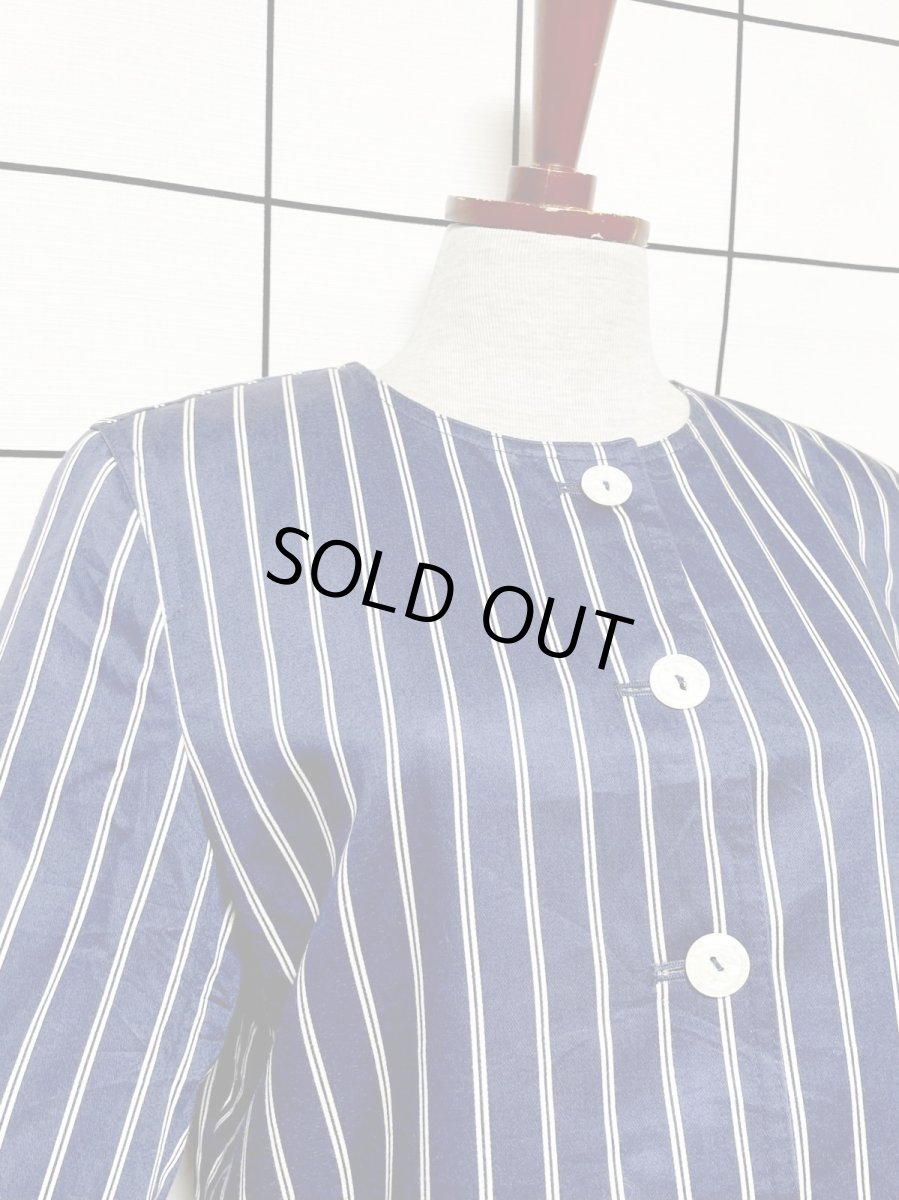 画像6: ストライプ ショート丈 ノーカラー ネイビー ホワイト レトロ アメリカ古着 ヴィンテージジャケット (6)