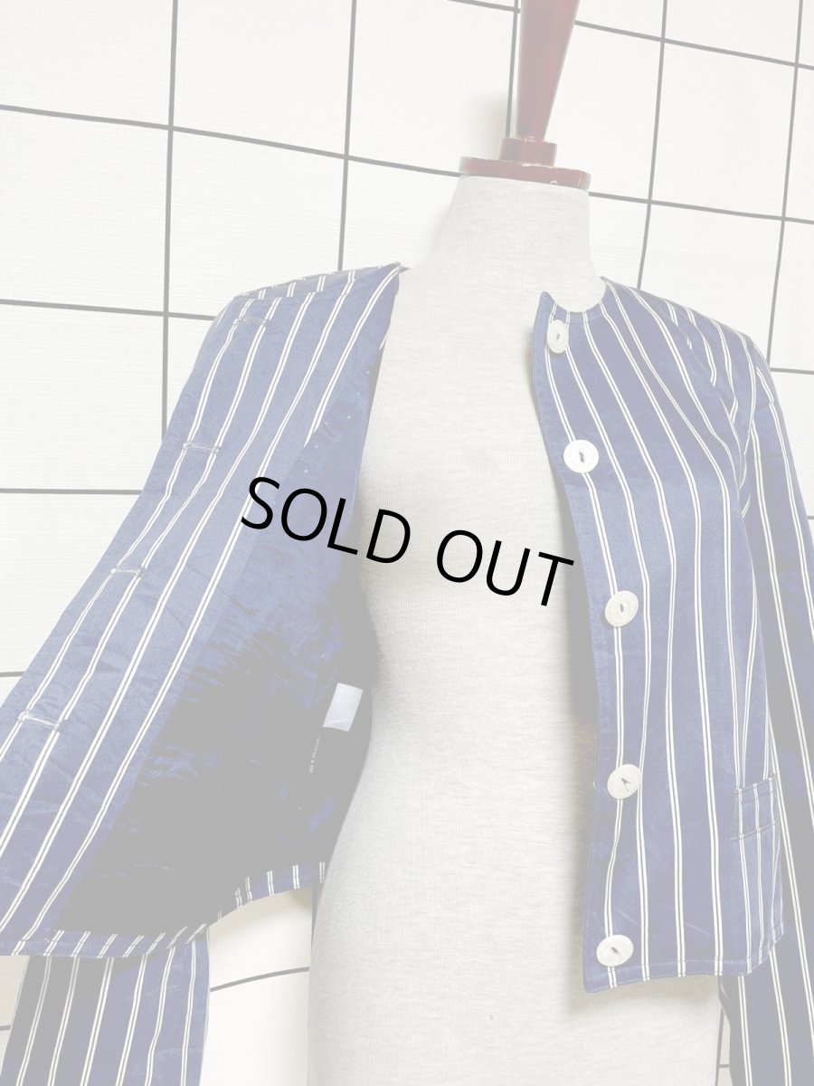 画像8: ストライプ ショート丈 ノーカラー ネイビー ホワイト レトロ アメリカ古着 ヴィンテージジャケット (8)