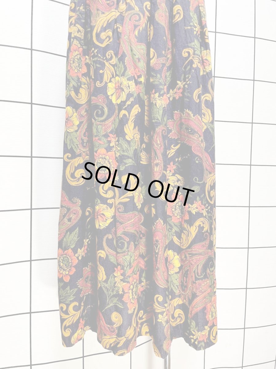 画像3: ペイズリー 花柄 ネイビーブラック ウエストゴム レトロ アメリカ古着 ヴィンテージスカート (3)