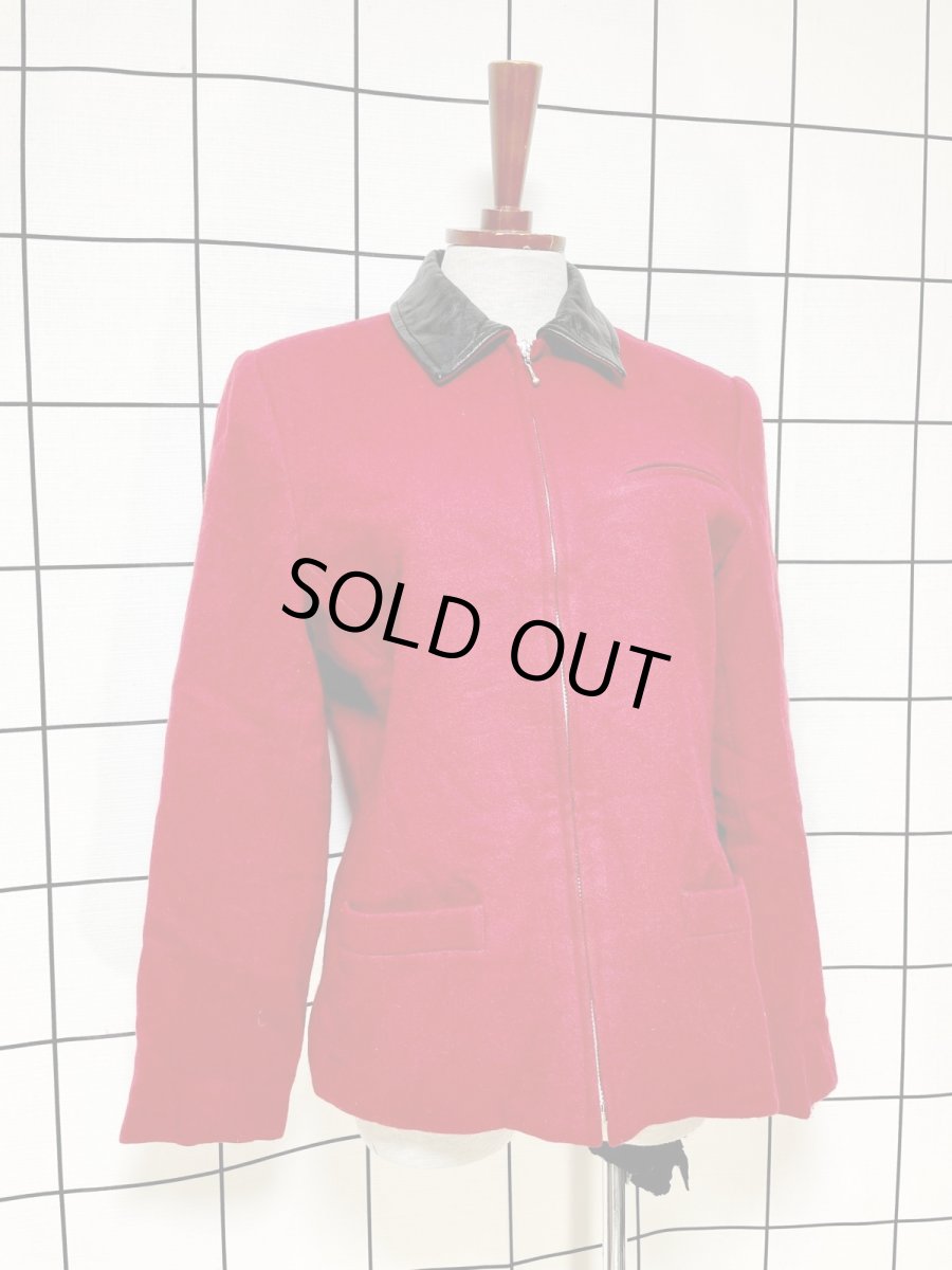 画像3: レザー襟 ウール レッド ジップアップ レトロ アメリカ古着 ヴィンテージジャケット (3)