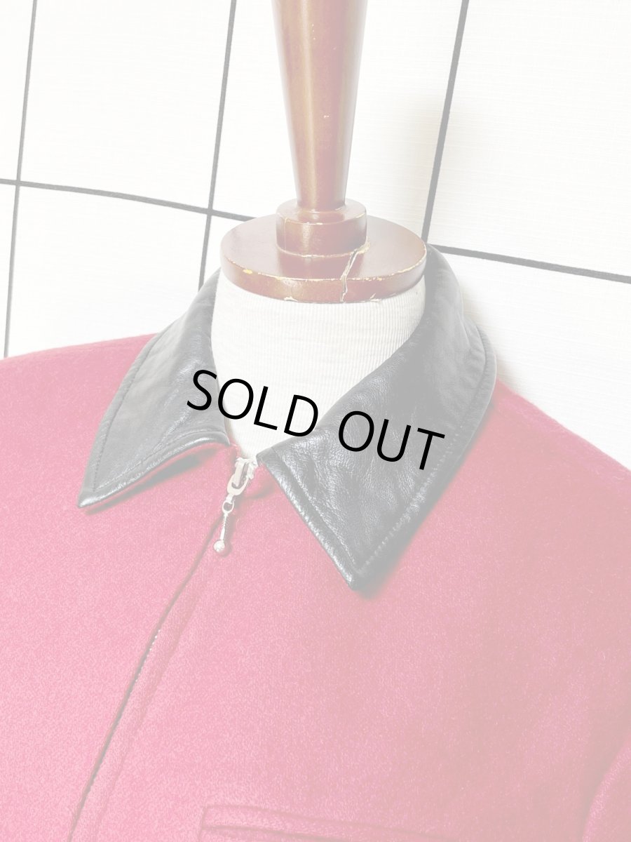 画像4: レザー襟 ウール レッド ジップアップ レトロ アメリカ古着 ヴィンテージジャケット (4)