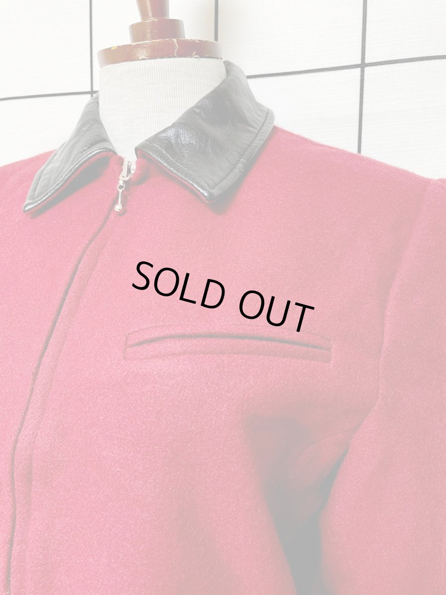 画像7: レザー襟 ウール レッド ジップアップ レトロ アメリカ古着 ヴィンテージジャケット (7)