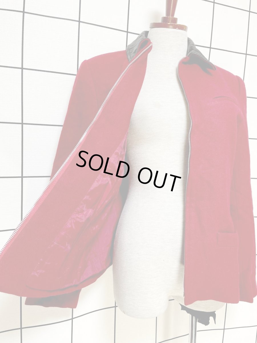 画像9: レザー襟 ウール レッド ジップアップ レトロ アメリカ古着 ヴィンテージジャケット (9)