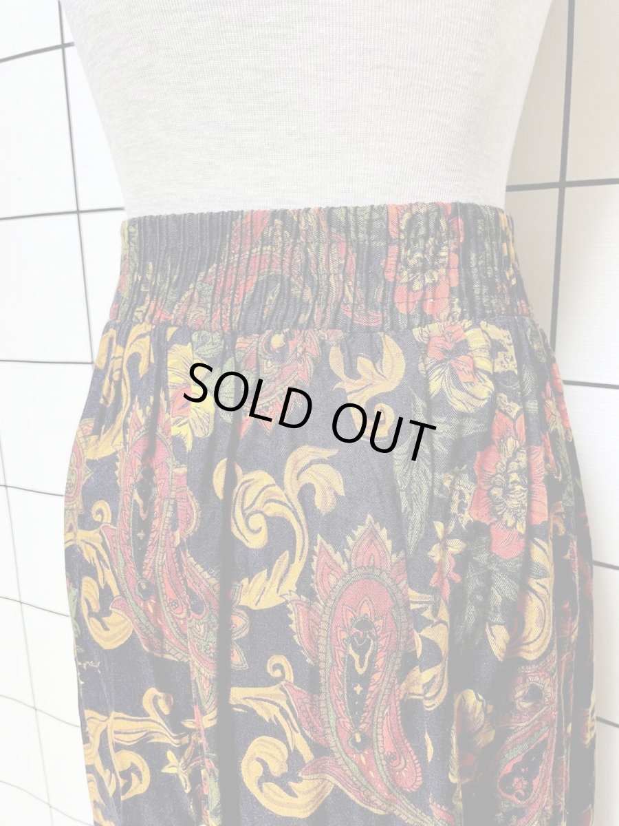 画像7: ペイズリー 花柄 ネイビーブラック ウエストゴム レトロ アメリカ古着 ヴィンテージスカート (7)