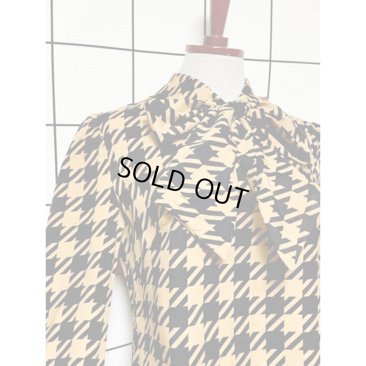 画像7: リボンタイ付 千鳥格子模様 レトロ アメリカ古着 シャツ ヴィンテージブラウス (7)