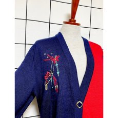 画像6: 刺繍 レッド ネイビー レトロ USA古着 ヴィンテージニットカーディガン (6)