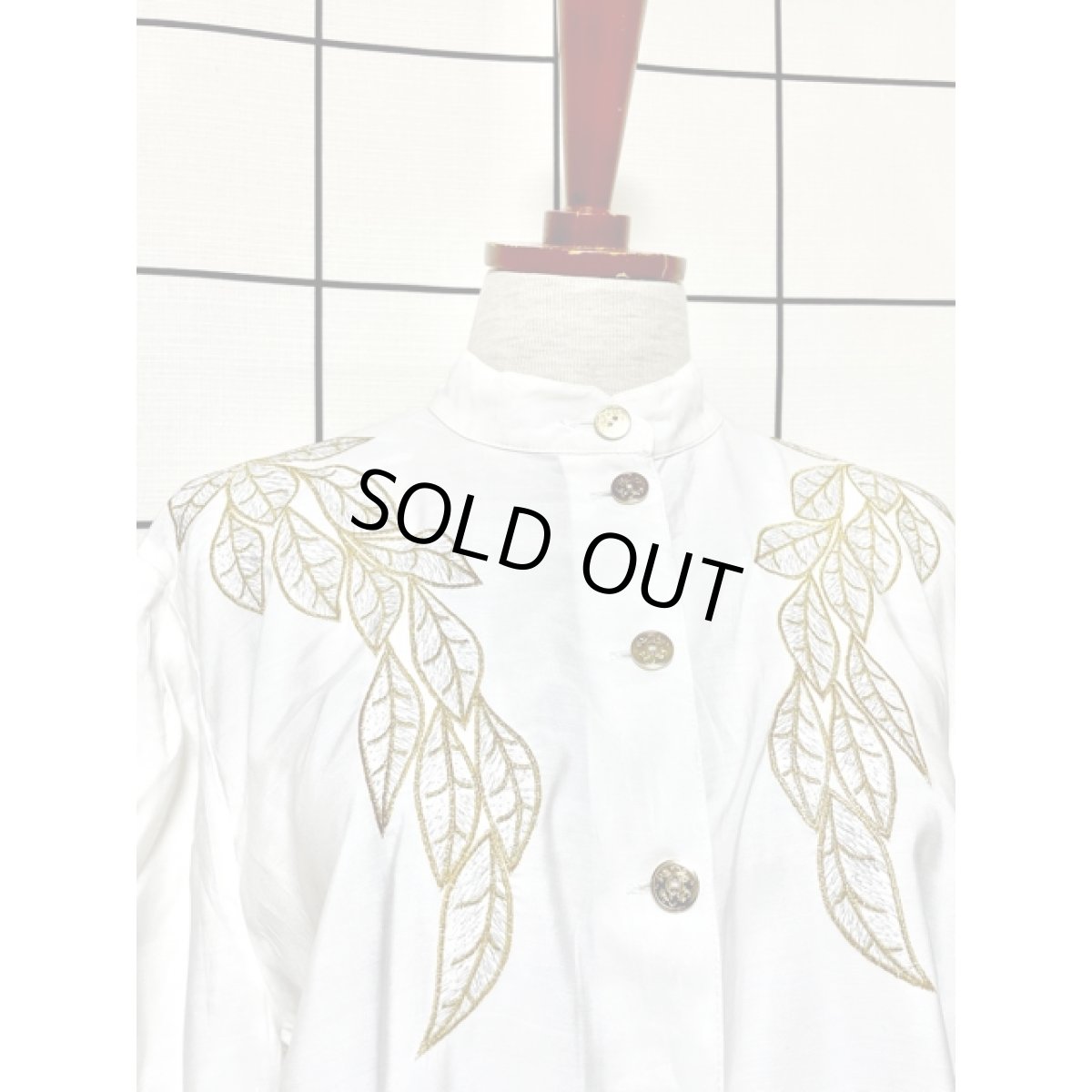 画像5: リーフ刺繍 ラメ スタンドカラー レトロ ヨーロッパ古着 ヴィンテージホワイトブラウス (5)