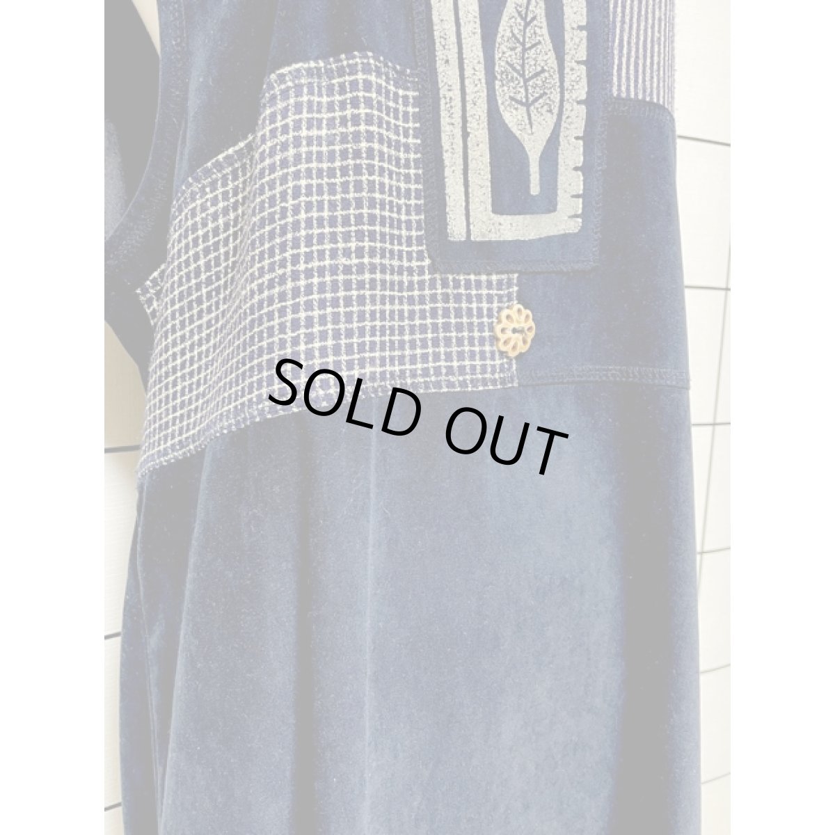 画像8: リーフ チェック ストライプ切り替え ネイビー ノースリーブ レトロ USA古着 ヴィンテージワンピース (8)