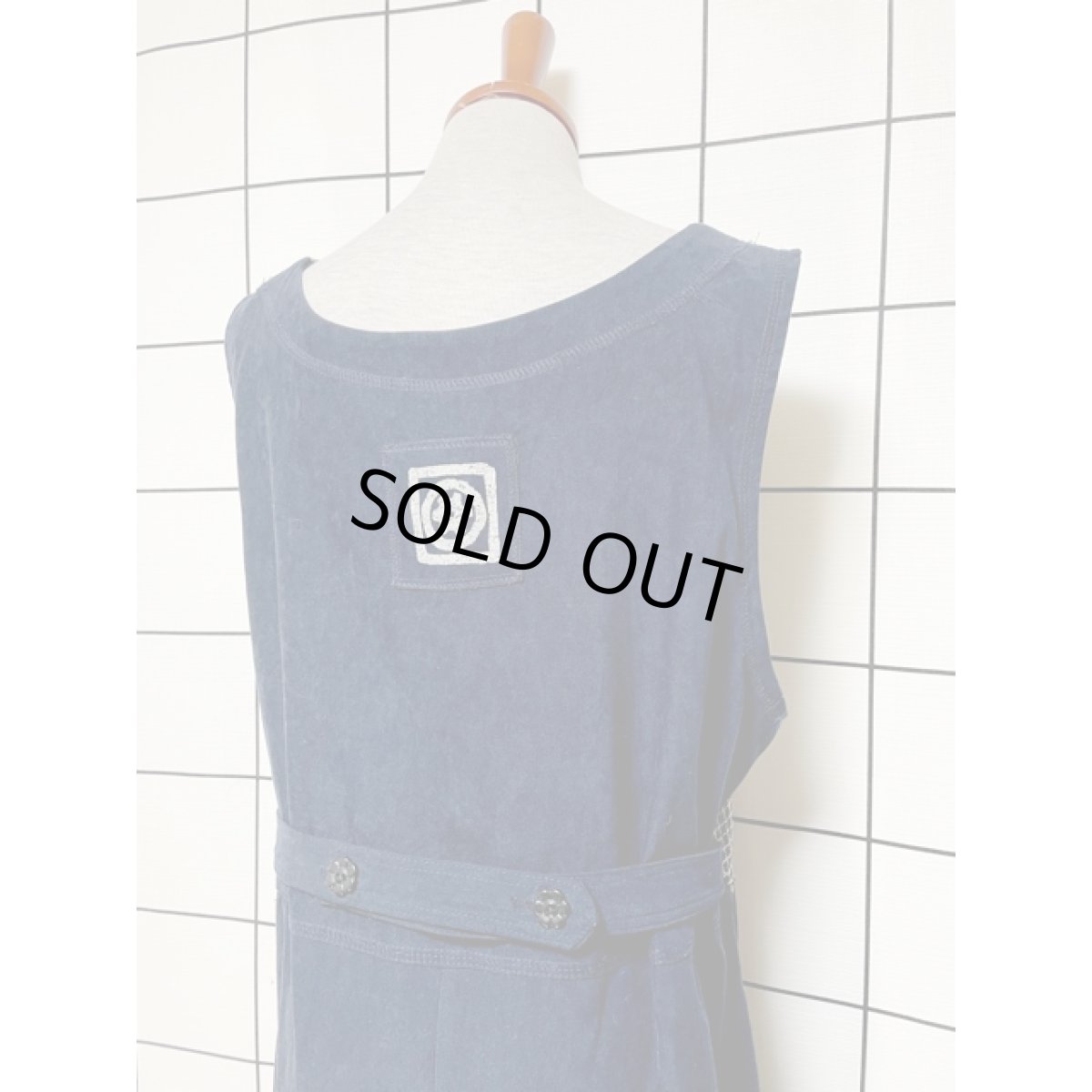 画像3: リーフ チェック ストライプ切り替え ネイビー ノースリーブ レトロ USA古着 ヴィンテージワンピース (3)