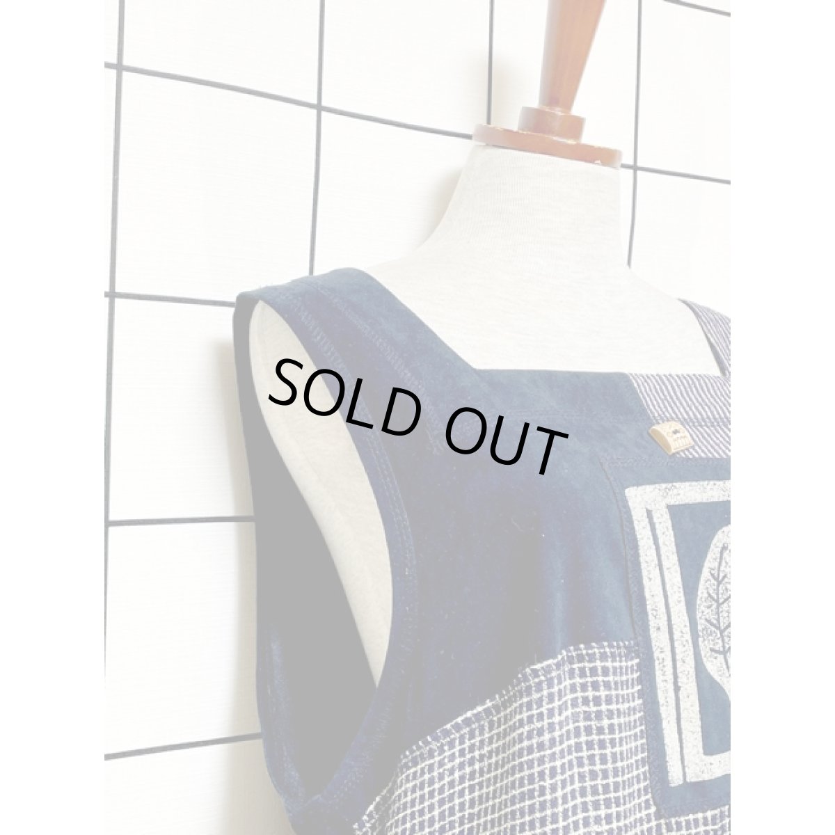 画像7: リーフ チェック ストライプ切り替え ネイビー ノースリーブ レトロ USA古着 ヴィンテージワンピース (7)