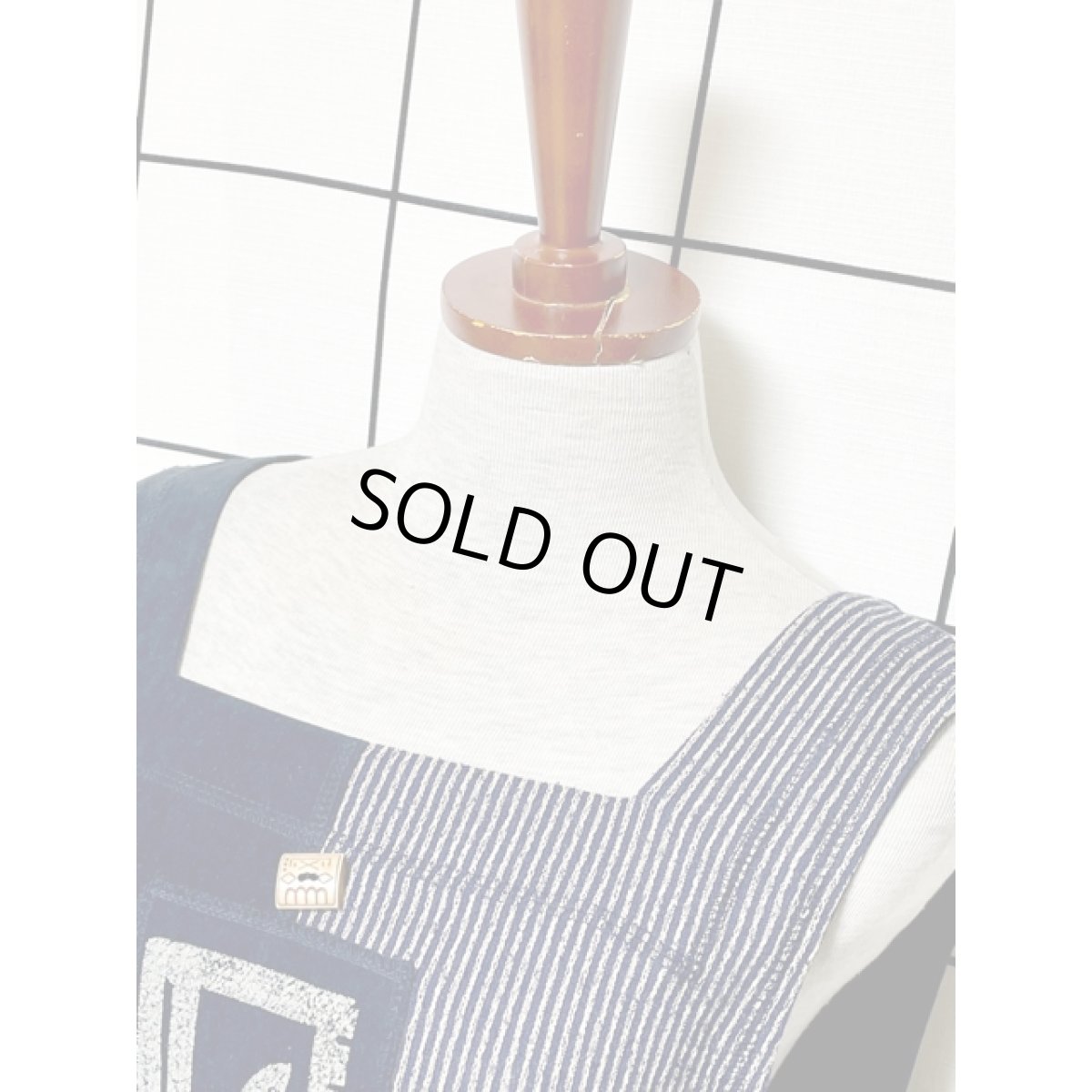 画像5: リーフ チェック ストライプ切り替え ネイビー ノースリーブ レトロ USA古着 ヴィンテージワンピース (5)