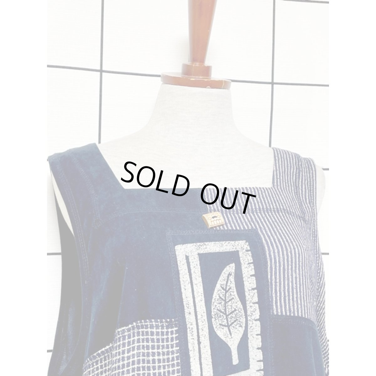 画像6: リーフ チェック ストライプ切り替え ネイビー ノースリーブ レトロ USA古着 ヴィンテージワンピース (6)