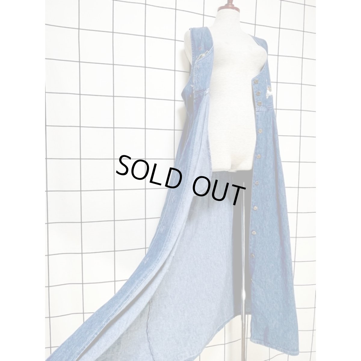 画像11: デニム 刺繍パッチ ノースリーブ レトロ USA古着 ヴィンテージワンピース (11)