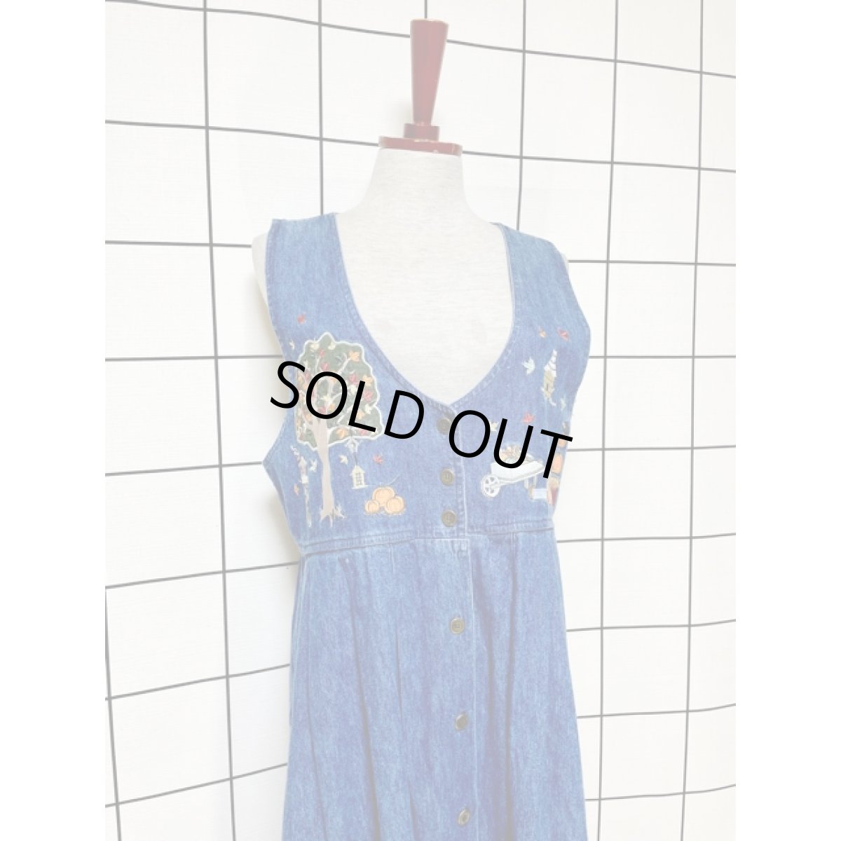 画像4: デニム 刺繍パッチ ノースリーブ レトロ USA古着 ヴィンテージワンピース (4)