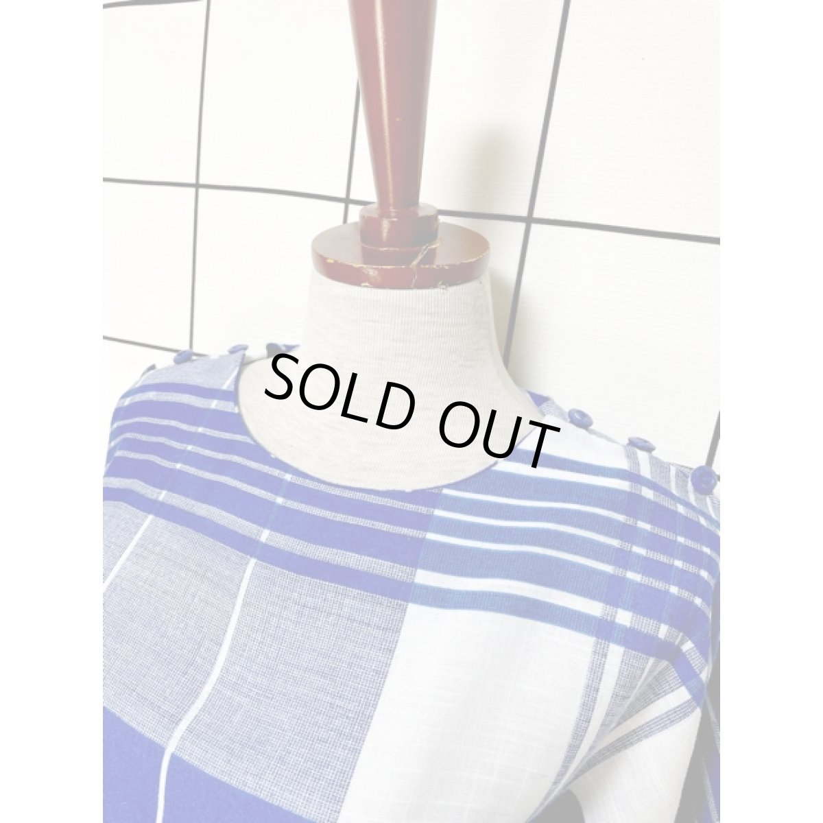 画像3: チェック ブルー ホワイト ウエストゴム レトロ USA古着 ヴィンテージワンピース (3)