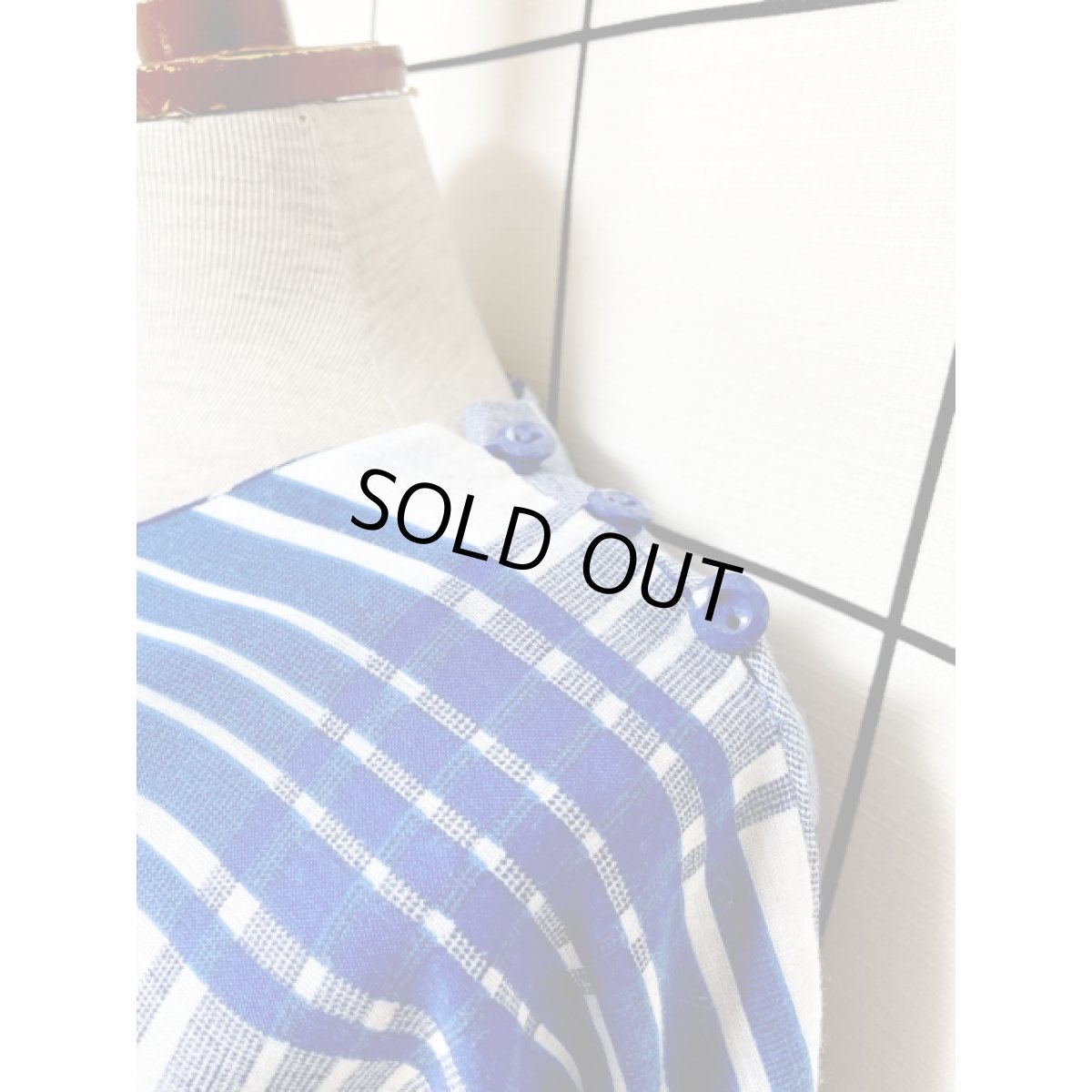 画像4: チェック ブルー ホワイト ウエストゴム レトロ USA古着 ヴィンテージワンピース (4)