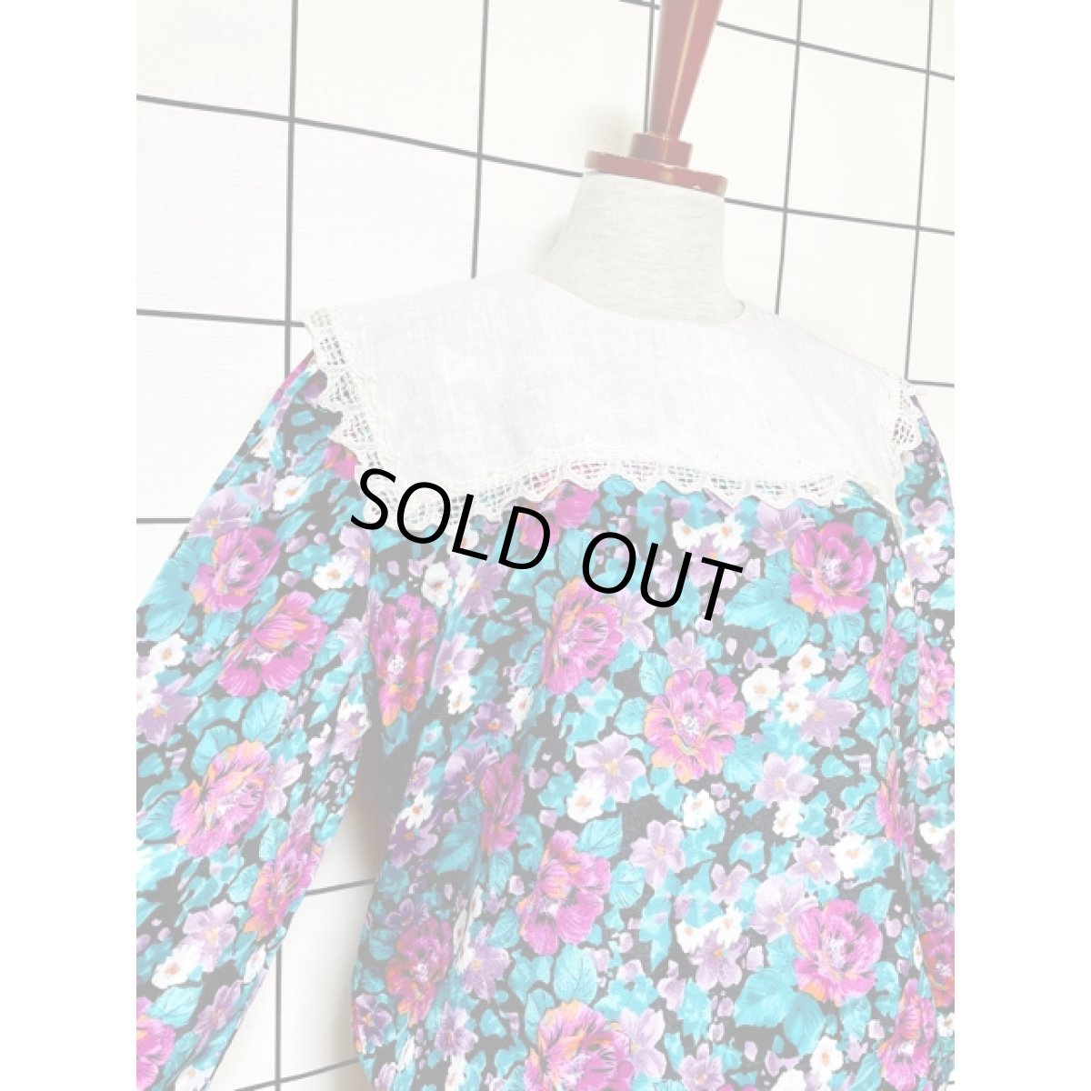 画像7: 花柄 レース襟 プリーツ切り替え ウエストゴム ビッグカラー レトロ USA古着 ヴィンテージワンピース (7)