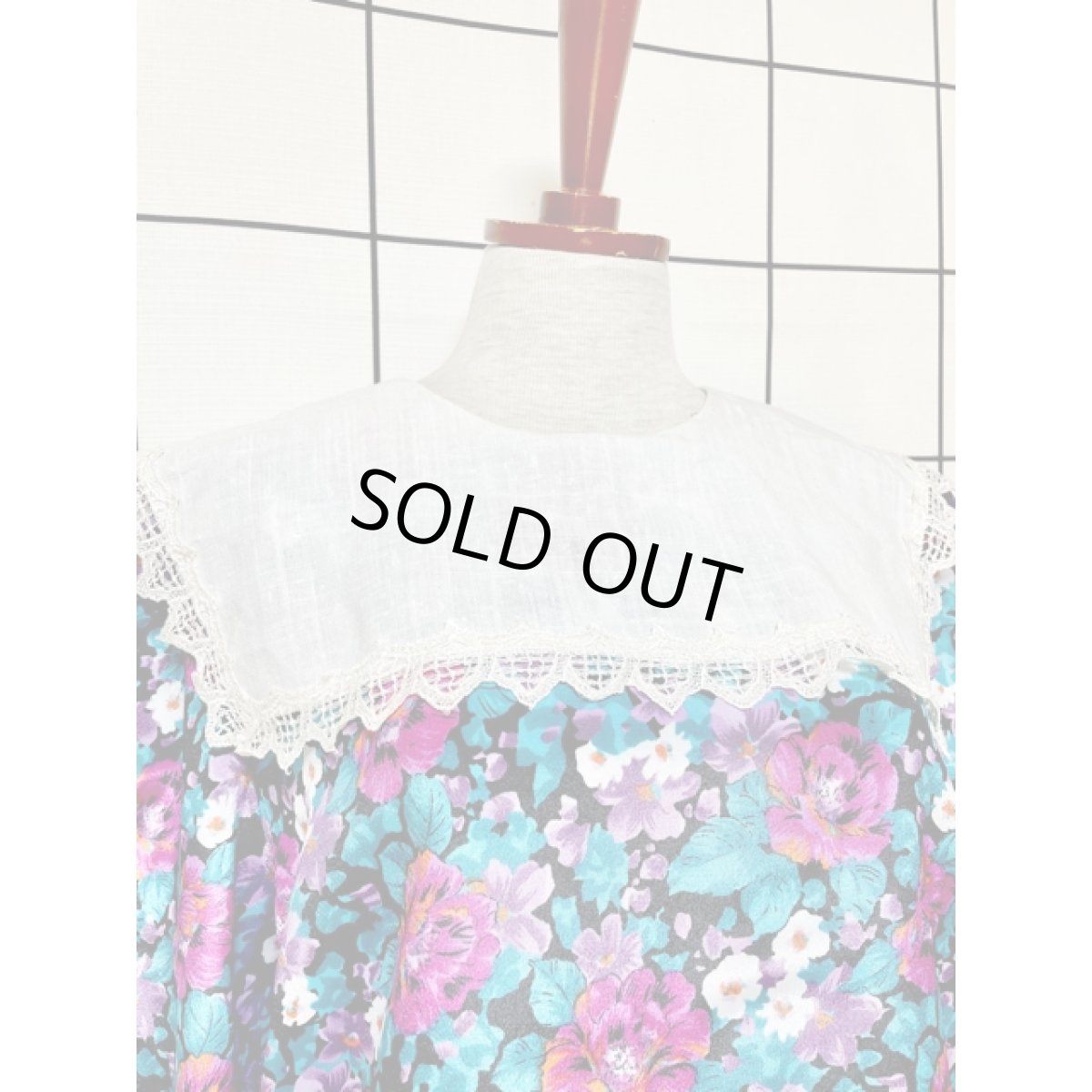 画像6: 花柄 レース襟 プリーツ切り替え ウエストゴム ビッグカラー レトロ USA古着 ヴィンテージワンピース (6)