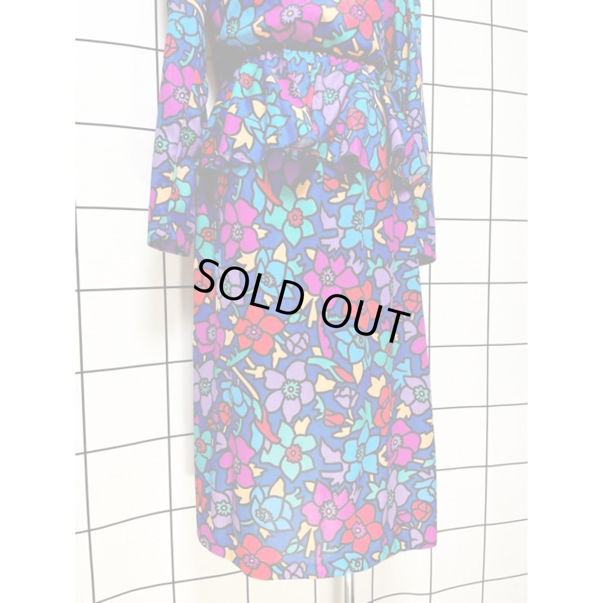 画像6: 花柄 ウエストフリル ブルー レトロ 長袖 USA古着 ヴィンテージワンピース (6)