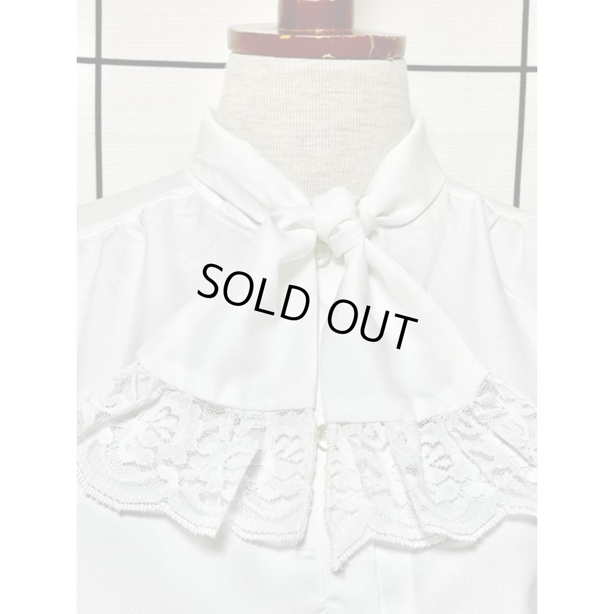 画像8: リボンタイ レース切り替えデザイン ホワイト クラシカル レトロ シャツ ヴィンテージブラウス (8)