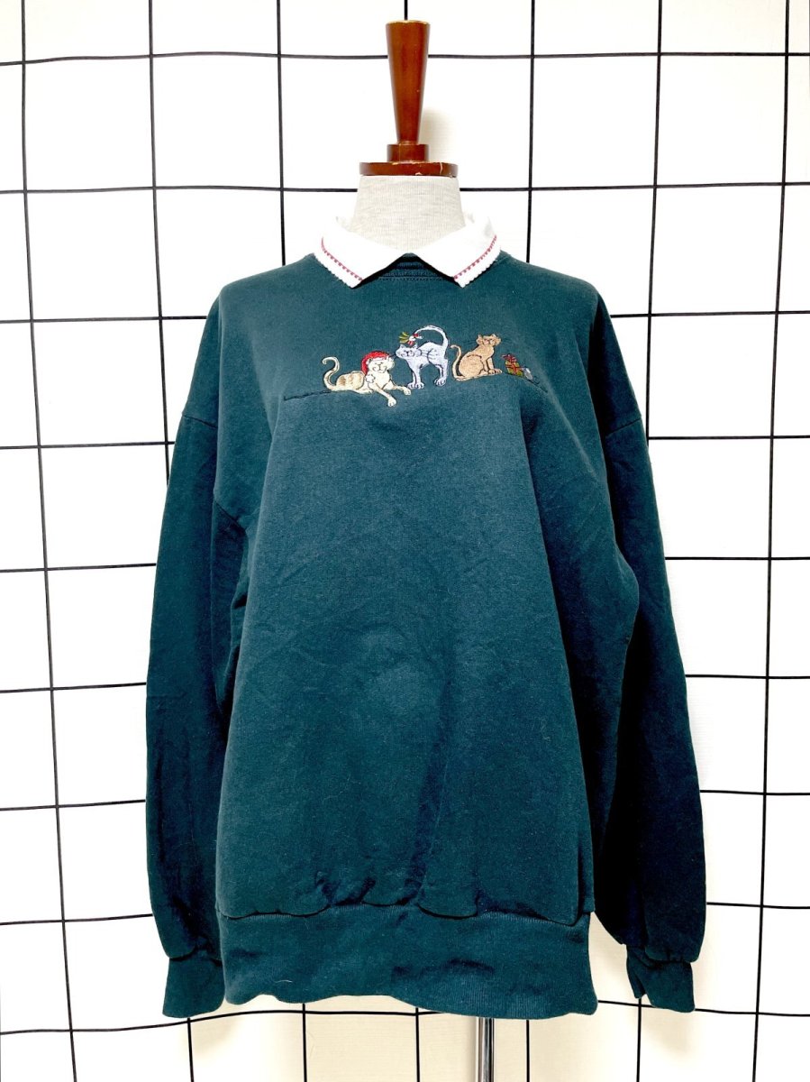 画像1: ネコ グリーン Ｍorningsun 襟付き レトロ USA古着 ヴィンテージスウェット (1)
