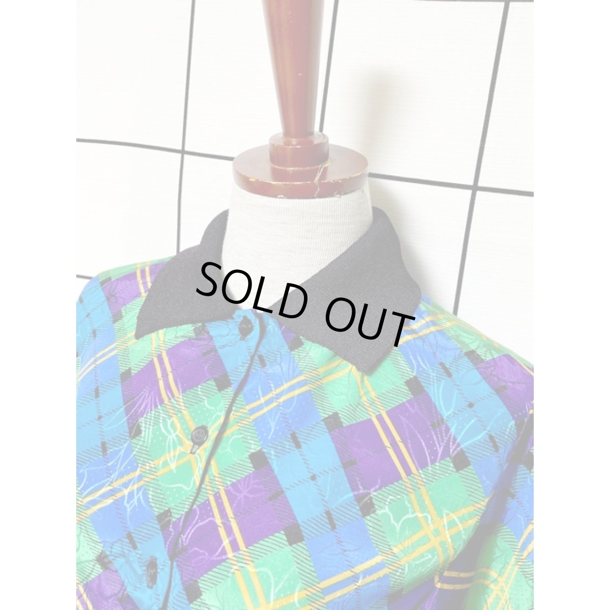 画像4: レトロサイケ チェック柄 花模様織り シャツ USA古着 ヴィンテージトップス (4)