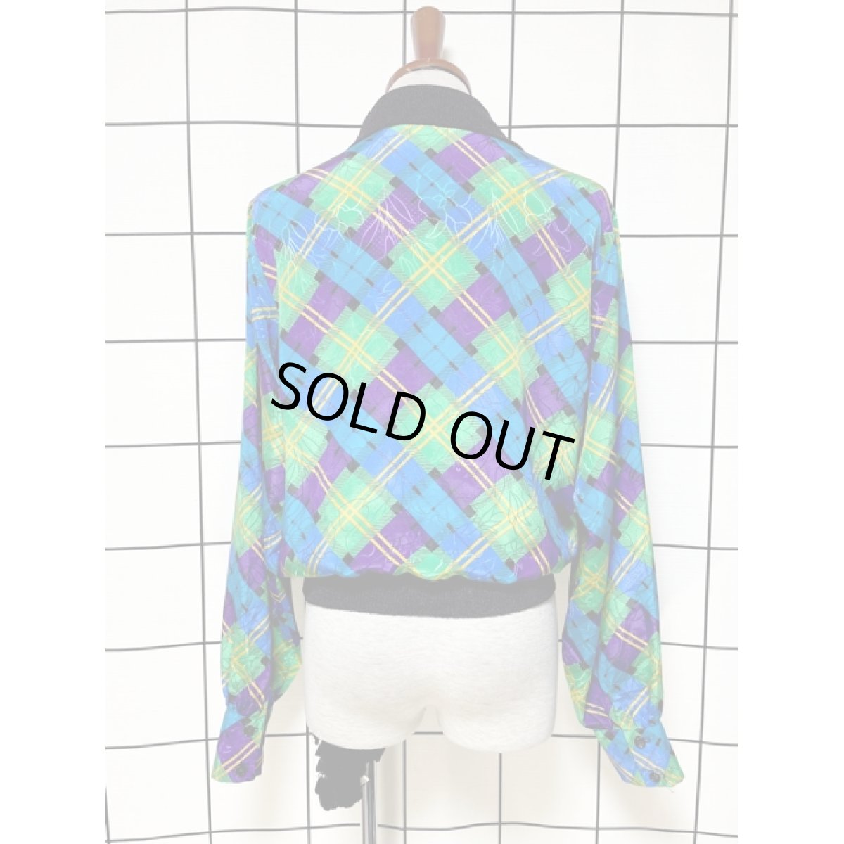 画像2: レトロサイケ チェック柄 花模様織り シャツ USA古着 ヴィンテージトップス (2)