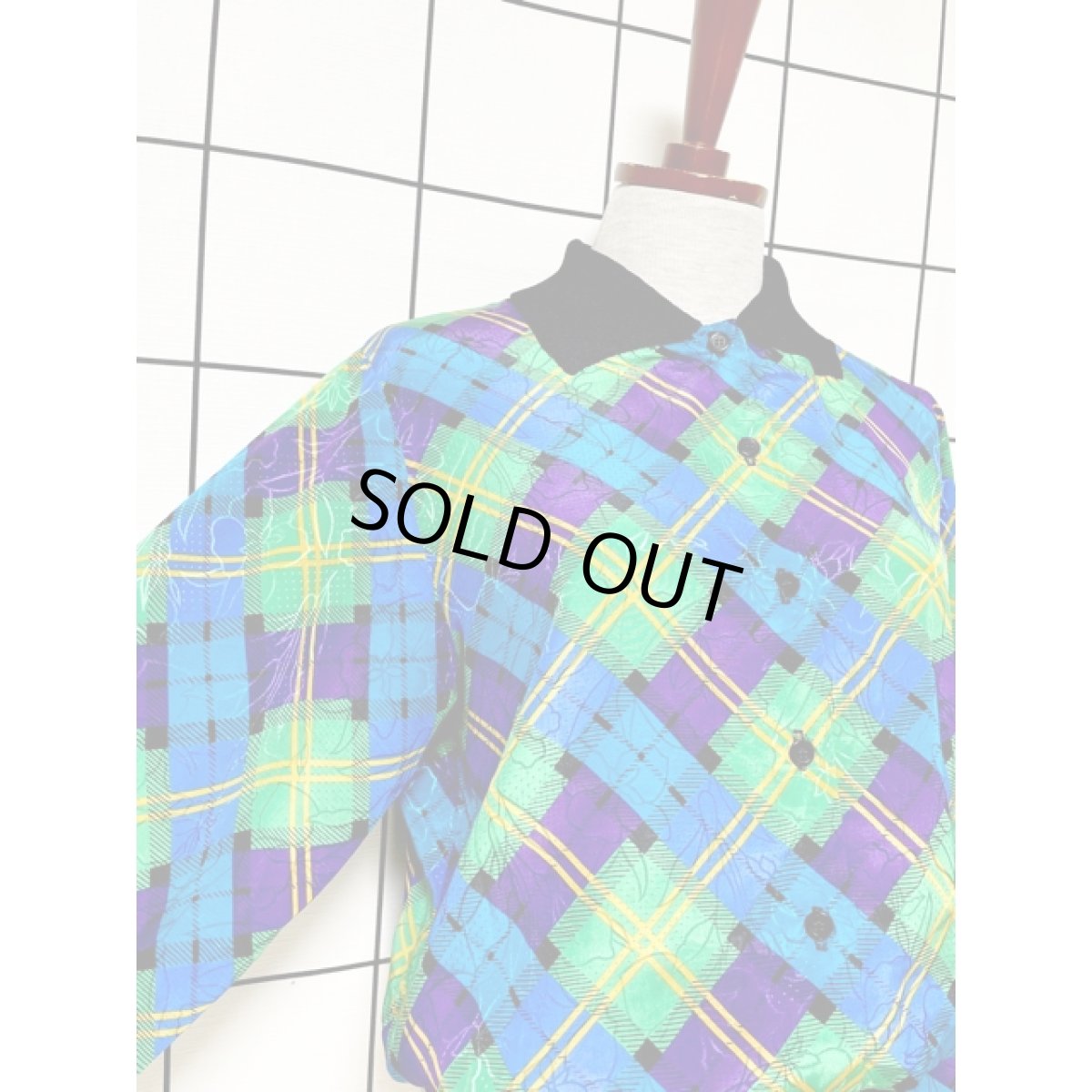 画像6: レトロサイケ チェック柄 花模様織り シャツ USA古着 ヴィンテージトップス (6)