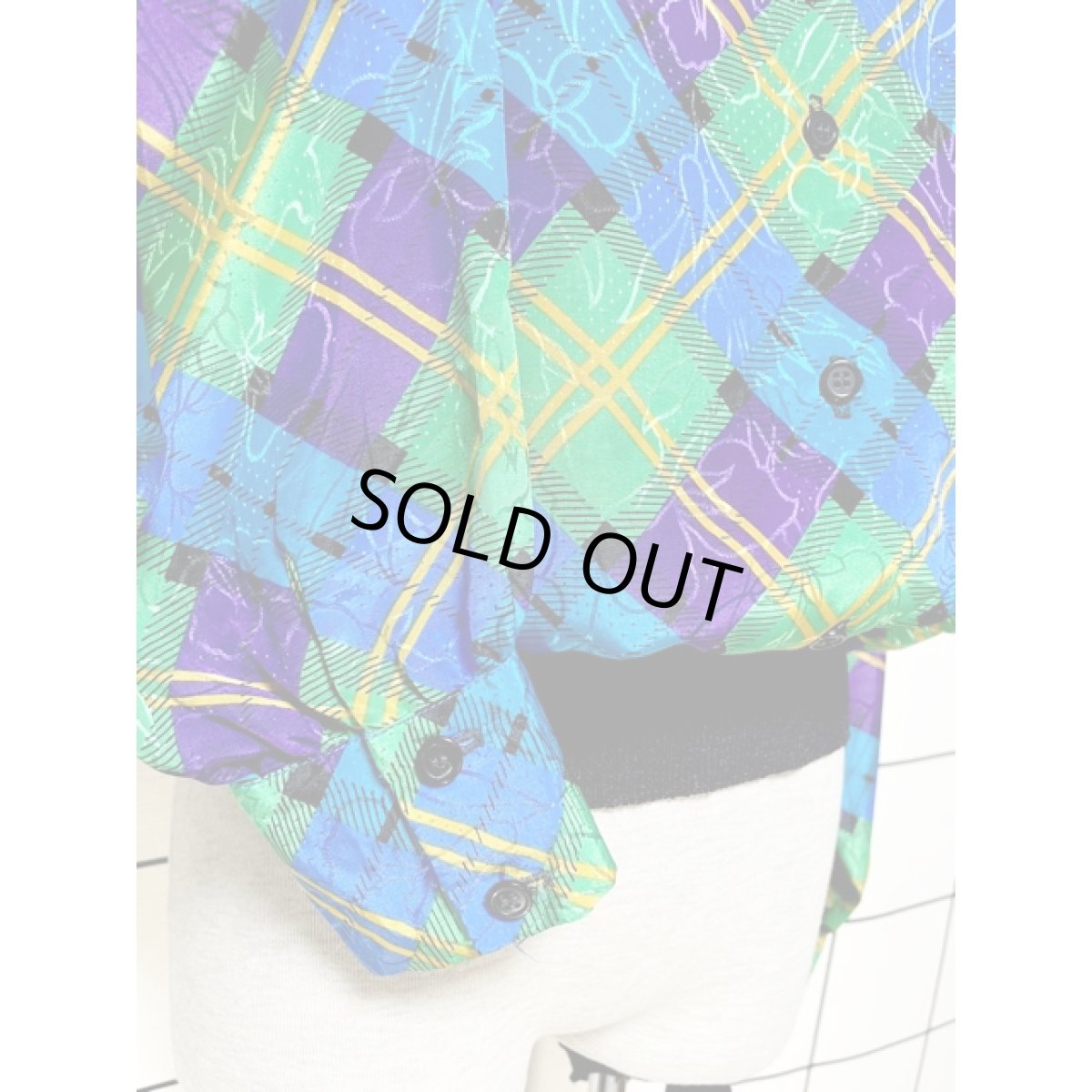 画像7: レトロサイケ チェック柄 花模様織り シャツ USA古着 ヴィンテージトップス (7)