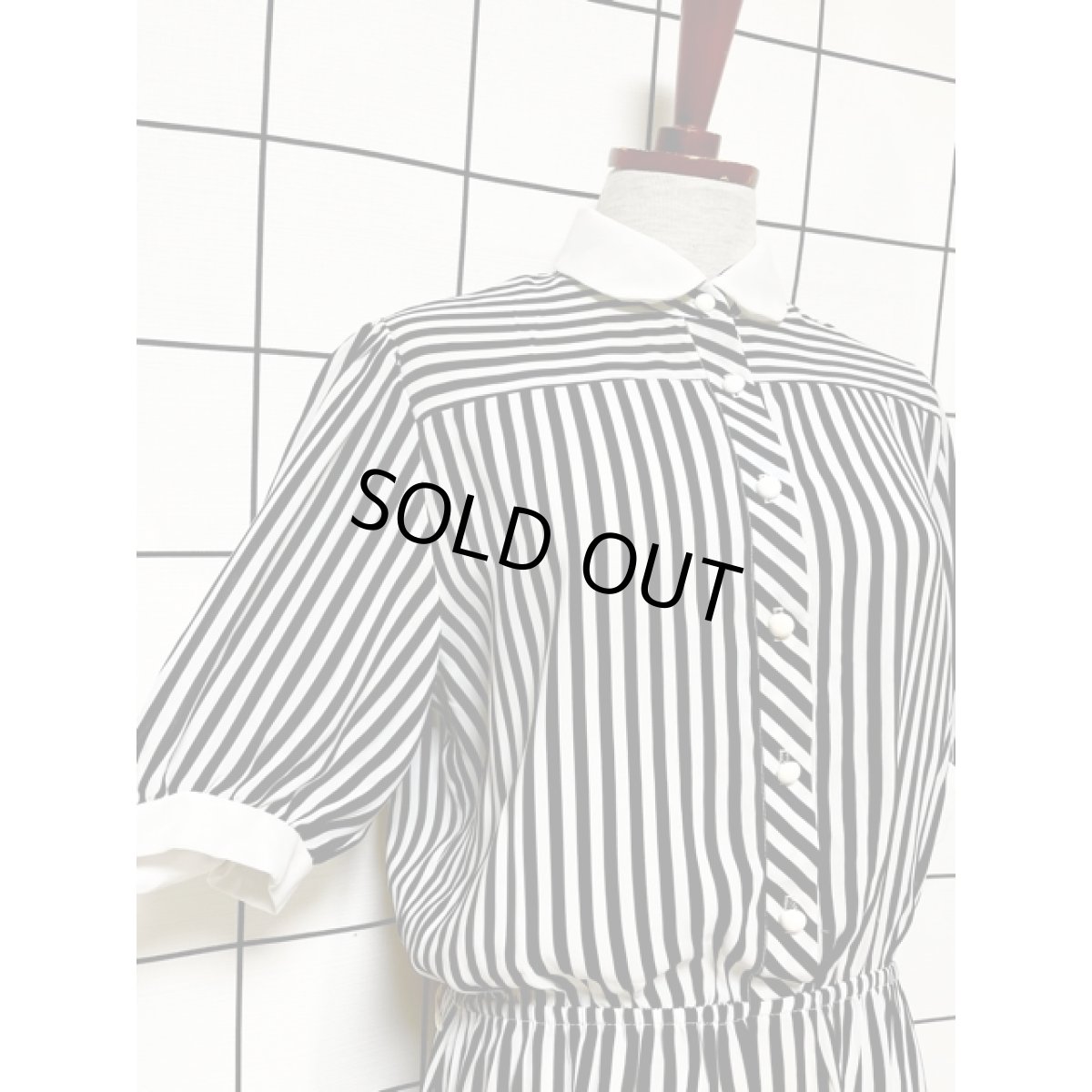 画像6: モノクロ ストライプ ウエストゴム レトロ USA古着 ヴィンテージワンピース (6)