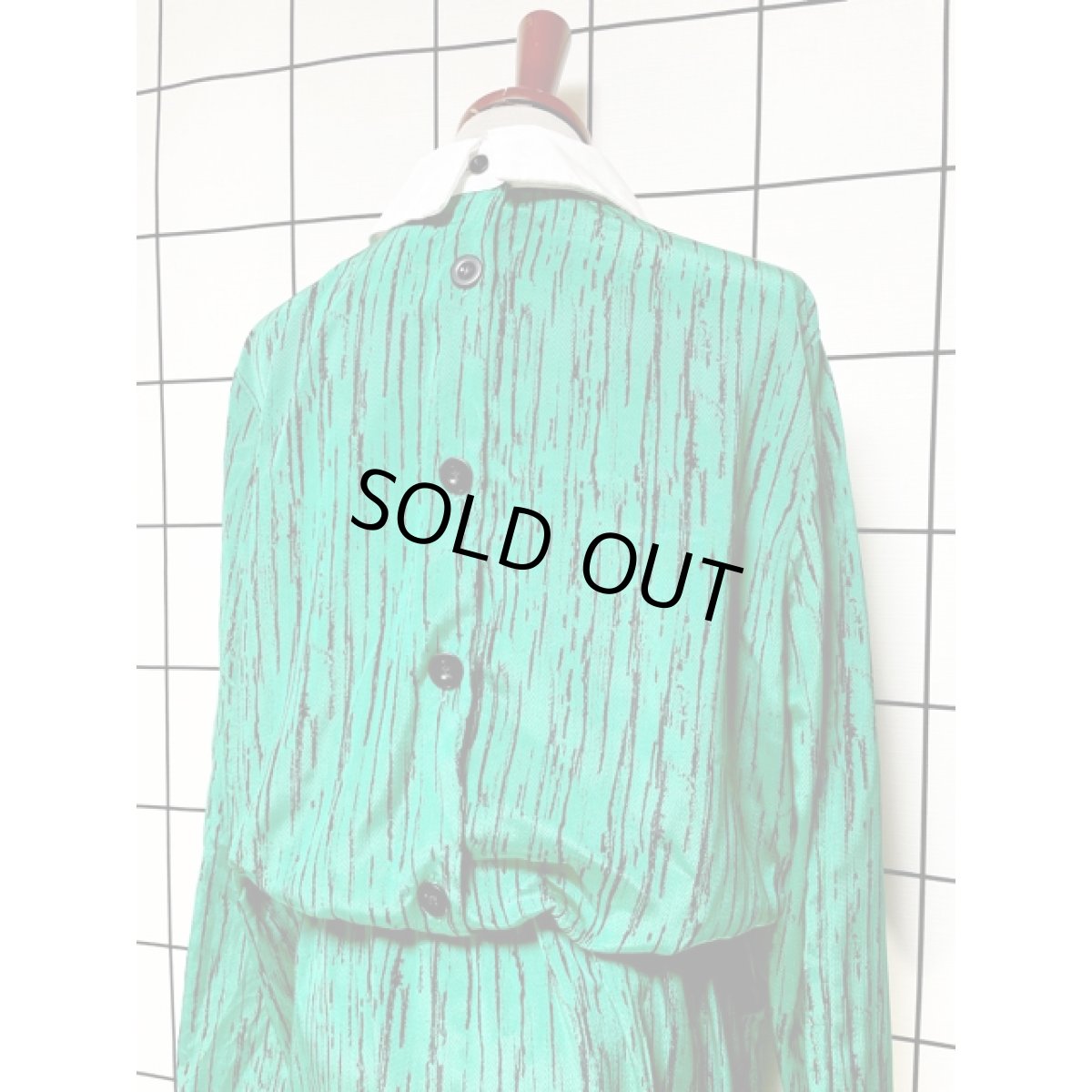 画像3: アート柄 グリーン ブラック ウエストゴム レトロ 長袖 USA古着 ヴィンテージワンピース (3)