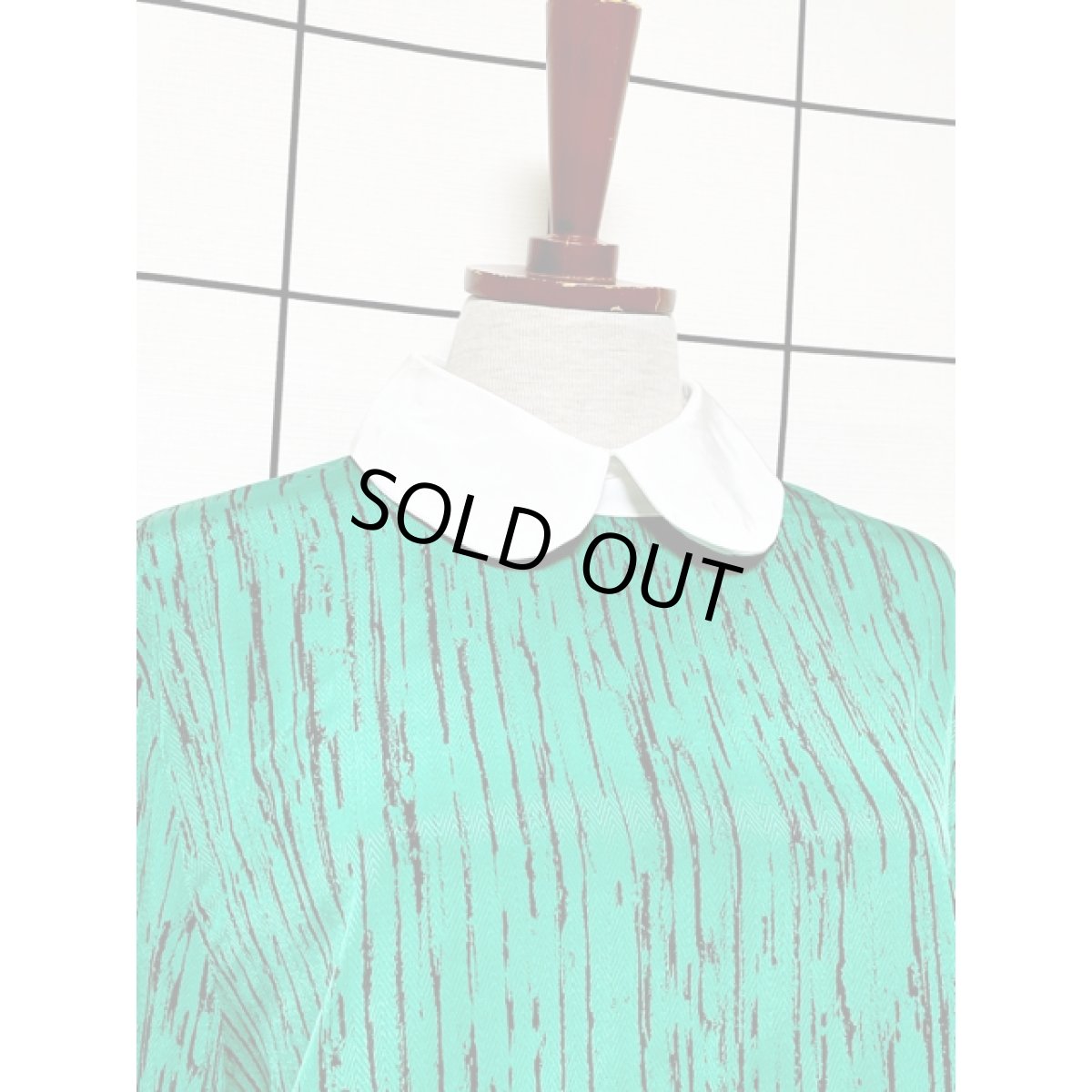 画像6: アート柄 グリーン ブラック ウエストゴム レトロ 長袖 USA古着 ヴィンテージワンピース (6)