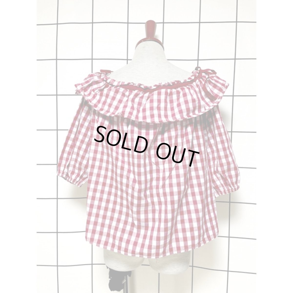 画像2: ギンガムチェック 両肩リボン レトロ 古着 シャツ 長袖 ヴィンテージトップス (2)