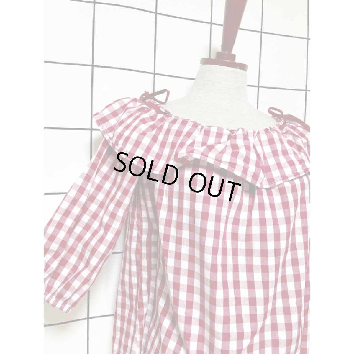 画像6: ギンガムチェック 両肩リボン レトロ 古着 シャツ 長袖 ヴィンテージトップス (6)